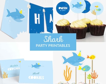Shark Birthday Decorations, Shark Party Pack, Under the Sea Party Decor Kit for boy or girl - INSTANT DOWNLOAD - Printable Editable PDF