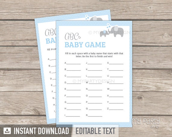 Abc Game, Baby Name Game, Blue Elephant Baby Shower Game for Boy - INSTANT DOWNLOAD - Printable PDF with Editable Text Il_570xn