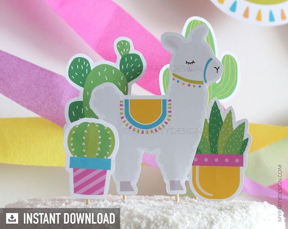 Llama Party Cake Toppers - Llama Cake Topper - Cactus Cake Topper - Mexican Fiesta Party - INSTANT DOWNLOAD - Printable PDF Il_570xn