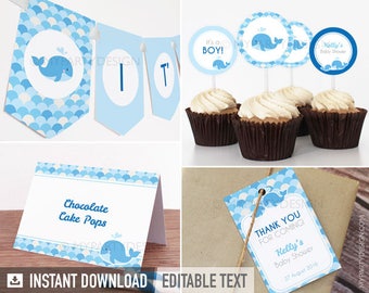 Whale Baby Shower Decorations, Boy BabyShower Pack, Blue Whale Party Kit - INSTANT DOWNLOAD - Printable PDF with Editable Text