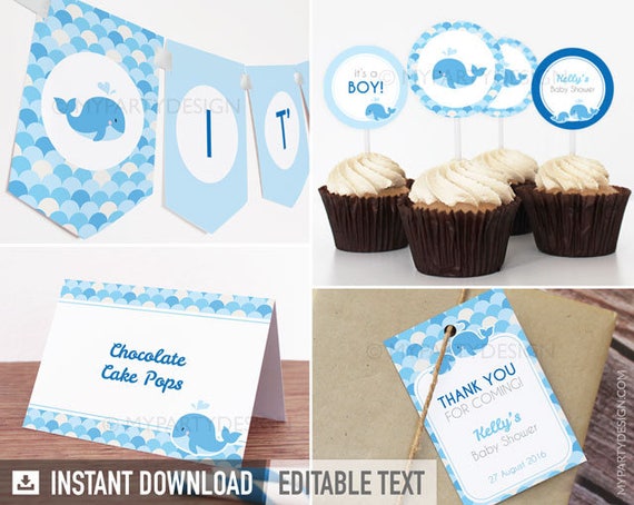Whale Baby Shower - Party Pack - Boy Blue - Whale Party - INSTANT DOWNLOAD - Printable PDF with Editable Text Il_570xn