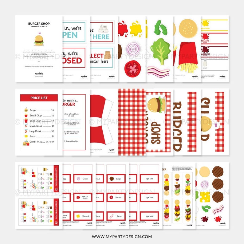 Jeu de rôle dramatique à imprimer Burger Shop, jeu de simulation pour enfants, jeu de rôle de restaurant de hamburgers pour enfants TÉLÉCHARGEMENT IMMÉDIAT PDF imprimable image 2