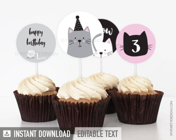 Cat Party - Cupcake toppers - Party Circles - Kitty Cat Party - Kitten Birthday Party - INSTANT DOWNLOAD - Printable PDF with Editable Text Il_570xn