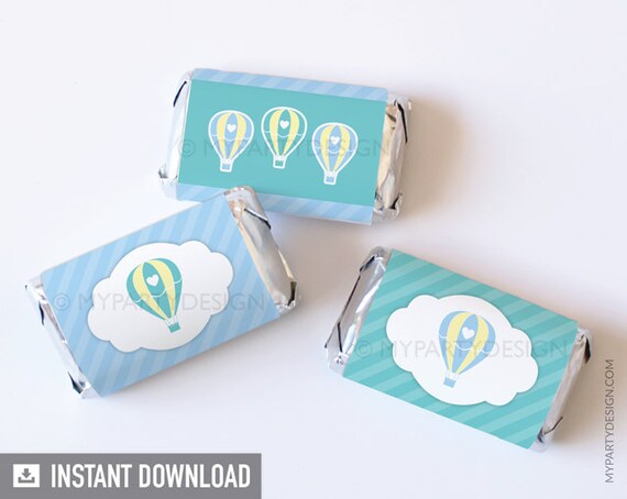 Hot Air Balloon Mini Chocolate Wrappers, Boy Baby Shower Party Favors, Blue Green - INSTANT DOWNLOAD - Printable PDF Il_570xn