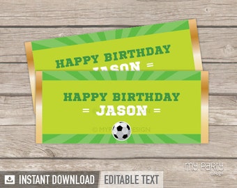 Soccer Chocolate Wrappers, Football Party Favors, Sports Party Decorations - INSTANT DOWNLOAD - Printable PDF with Editable Text
