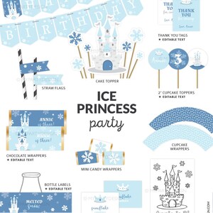 May include: A collection of Ice Princess party supplies in light blue and white. Includes a banner, cake topper, cupcake toppers, chocolate wrappers, mini candy wrappers, bottle labels, tent labels, coloring page, straw flags, thank you tags, and cupcake wrappers.