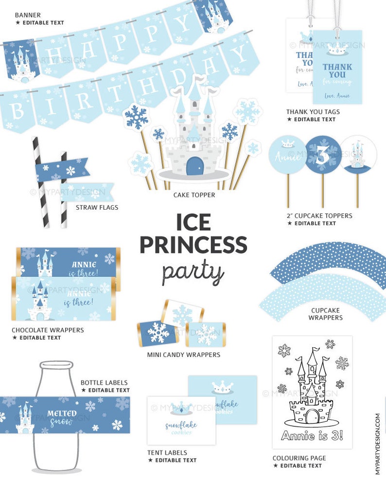May include: A collection of Ice Princess party supplies in light blue and white. Includes a banner, cake topper, cupcake toppers, chocolate wrappers, mini candy wrappers, bottle labels, tent labels, coloring page, straw flags, thank you tags, and cupcake wrappers.