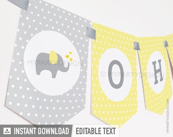 Elephant Baby Shower Banner, Gender Neutral Babyshower Decorations, Yellow Grey Bunting - INSTANT DOWNLOAD - Printable Editable PDF
