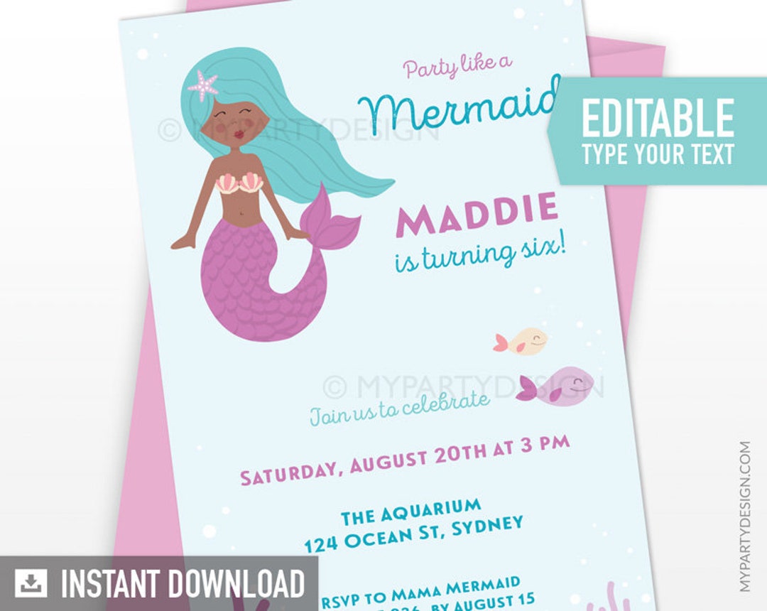 Black Mermaid Birthday Invitation, Dark Mermaid Party Printable Invite