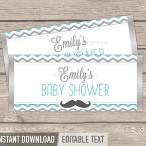 Little Man Baby Shower Chocolate Wrappers, Mustache Party Decoration INSTANT DOWNLOAD Printable PDF with Editable Text image 1