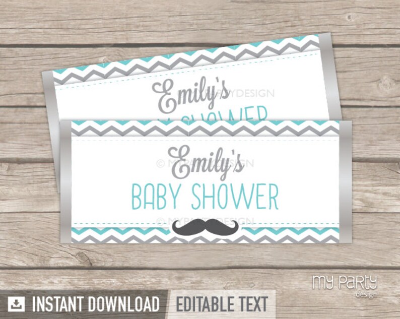 Little Man Baby Shower Chocolate Wrappers, Mustache Party Decoration INSTANT DOWNLOAD Printable PDF with Editable Text image 1