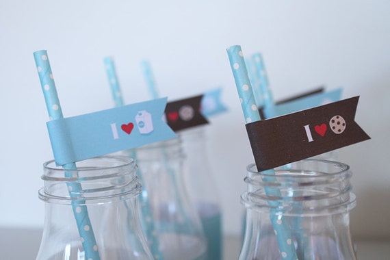 Cookies and Milk Party - Straw Flags - Brown and Blue - INSTANT DOWNLOAD - Printable PDF Il_570xn