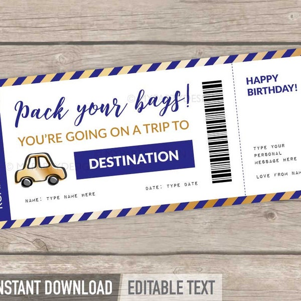 Road Trip Voucher, Printable Boarding Pass Template, Surprise Birthday Holiday Vacation Travel Ticket Gift - INSTANT DOWNLOAD - Editable PDF