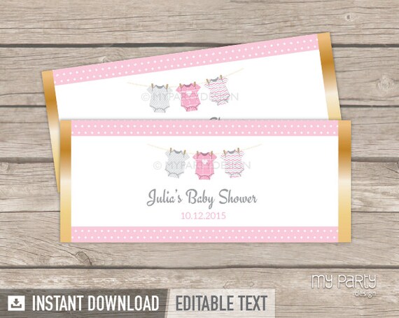 Pink Baby Shower Favors, Chocolate Wrappers, Girl Baby Shower Party, bodysuit theme - INSTANT DOWNLOAD - Printable PDF with Editable Text Il_570xn