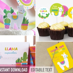Pu&ograve; includere: Decorazioni per feste di lama stampabili in uno schema di colori giallo, rosa e verde. Il set include topper per cupcake, un tag di ringraziamento e un cartello che dice "Cupcakes di lama".