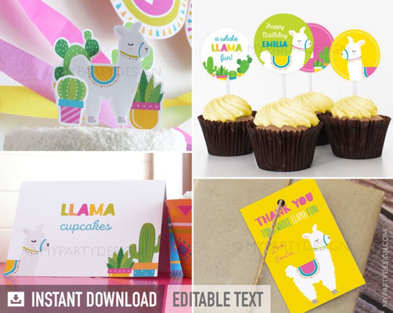 Pu&ograve; includere: Decorazioni per feste di lama stampabili in uno schema di colori giallo, rosa e verde. Il set include topper per cupcake, un tag di ringraziamento e un cartello che dice "Cupcakes di lama".