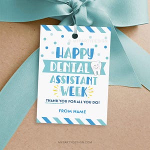 Etiqueta de presente para a semana do assistente de dentista feliz, etiqueta de agradecimento para apreciação da equipe do dentista higienista - DOWNLOAD INSTANTÂNEO - PDF editável para impressão