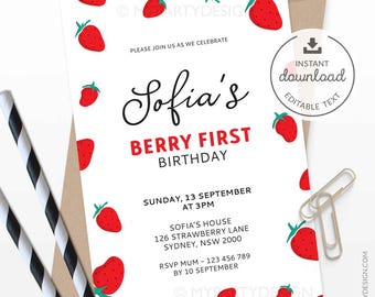 Strawberry Birthday Invitation, Berry First Birthday Invite, Minimalistic Modern Girl Party - INSTANT DOWNLOAD - Printable Editable PDF