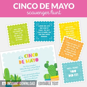 Indices de chasse au trésor de Cinco de Mayo, cartes modifiables pour une activité de chasse au trésor pour les enfants - TÉLÉCHARGEMENT IMMÉDIAT - PDF imprimable avec texte modifiable