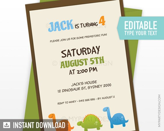 Dinosaur Birthday Invitation - Dino Party Invite - Boy Birthday Invitation - INSTANT DOWNLOAD - Printable PDF with Editable Text Il_570xn