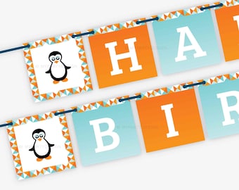 Penguin Birthday Banner, Happy Birthday Bunting, Winter Party Decorations, Geometric - INSTANT DOWNLOAD - Printable PDF with Editable Text