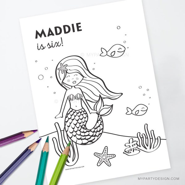 Mermaid Party Coloring Page, Mermaid Party Activity, Mermaid Printables - INSTANT DOWNLOAD - Printable PDF with Editable Text