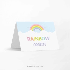 Rainbow Food Labels, Place Cards, Pastel Rainbow Birthday Party Decorations - INSTANT DOWNLOAD - Printable PDF with Editable Text