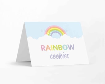 Rainbow Food Labels, Place Cards, Pastel Rainbow Birthday Party Decorations - INSTANT DOWNLOAD - Printable PDF with Editable Text