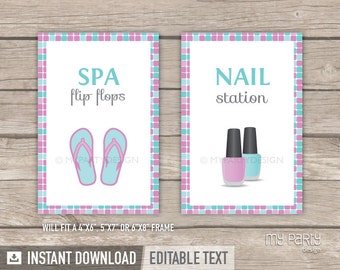 Spa Party Signs, Printable Editable Salon Signs for a girls birthday, Pink Turquoise - INSTANT DOWNLOAD - Printable PDF with Editable Text