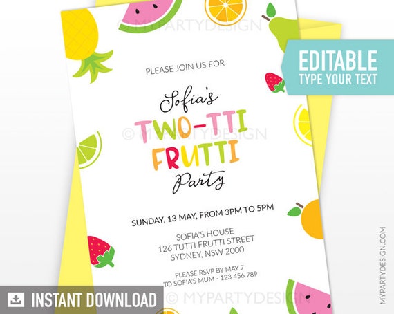 Tutti Frutti Party Invitation - Tropical Party - Twotti Frutti Birthday Party - INSTANT DOWNLOAD - Printable PDF with Editable Text (tuttiA) Il_570xn