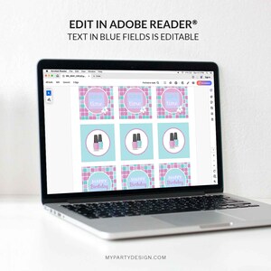 May include: A computer screen displaying a printable sheet of 9 square labels with a pink and blue checkered background. The labels feature nail polish bottles, the text "time" and "Happy Birthday".