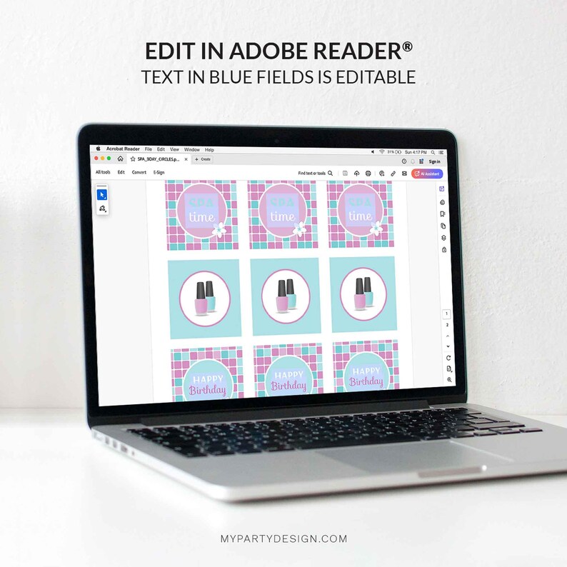 May include: A computer screen displaying a printable sheet of 9 square labels with a pink and blue checkered background. The labels feature nail polish bottles, the text "time" and "Happy Birthday".