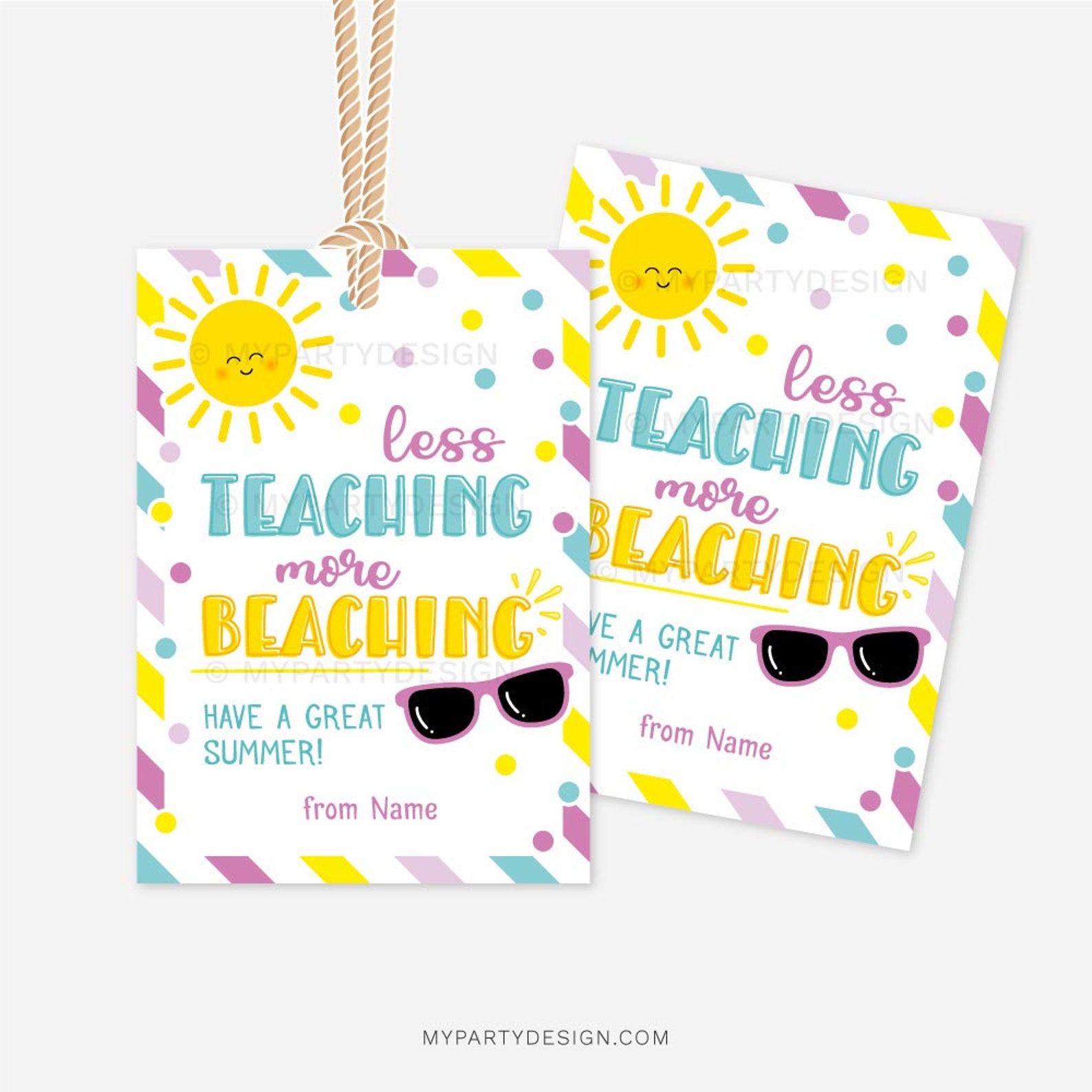 Less Teaching More Beaching Tag, Summer Teacher Appreciation Gift Tag