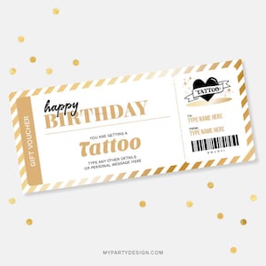 Modello di buono regalo per tatuaggi, biglietto d'auguri di compleanno, buono regalo a sorpresa per tatuaggi - DOWNLOAD IMMEDIATO - PDF stampabile e modificabile