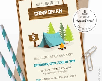 Camping verjaardagsuitnodiging, campingfeestje uitnodiging, jongen logeerpartij campinguitnodiging, glamping - INSTANT DOWNLOAD - afdrukbare bewerkbare pdf