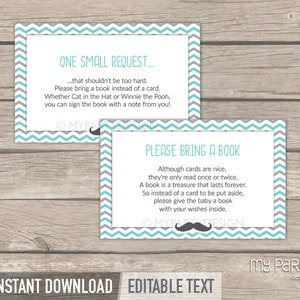 Traga um cartão de livro, chá de bebê homenzinho, inserção de livro Bigode BabyShower - DOWNLOAD INSTANTÂNEO - PDF para impressão com texto editável
