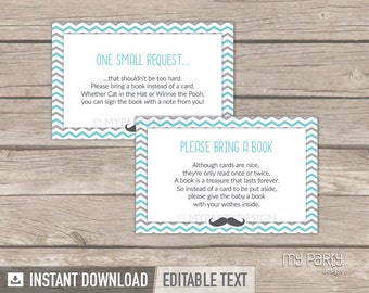 Bring a Book Card, Little Man Baby Shower, Mustache BabyShower Book Insert - INSTANT DOWNLOAD - Printable PDF with Editable Text