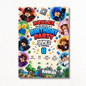 Könnte beinhalten: Eine rechteckige Geburtstagseinladung im Roblox-Design mit sechs verschiedenen blockartigen Charakteren in kreisförmigen Rahmen, dem Text ROBLOX YOU'RE INVITED TO A BIRTHDAY PARTY JAMES IS TURNING 8 und einer Landschaft mit Bäumen und Brücke.