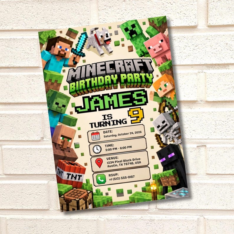 Minecraft Invitation Pixel Block Birthday Invitation, the Pixel Crew, Gamer Birthday ...