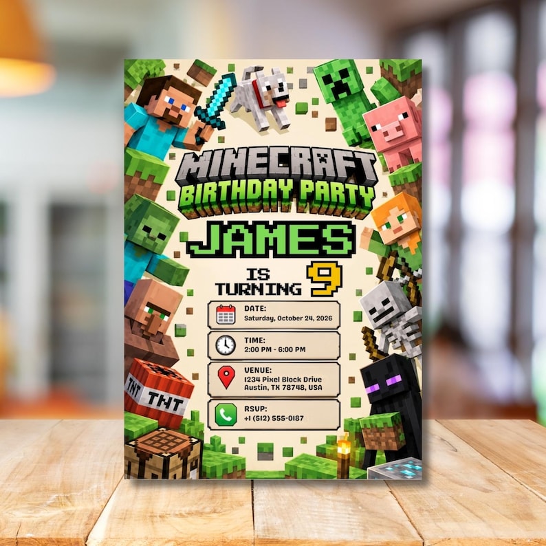 Minecraft Invitation Pixel Block Birthday Invitation, the Pixel Crew, Gamer Birthday ...