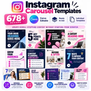 May include: A collection of Instagram Carousel Templates featuring over 678 editable designs. The graphic displays various layout examples with text, including headings like 5 Key Points, 7 Proven Strategies, and Content Planning Checklist, all designed for Canva.