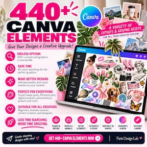 May include: A digital bundle of 440+ Canva elements featuring a laptop screen displaying various graphic assets including a pink car, flowers, a dog, a cat, and a statue. The promotional text highlights features like endless options, time-saving, and creative upgrades.