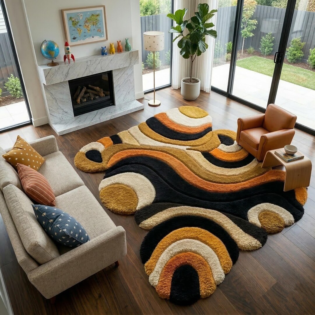 Hand Tufted Wool Area Rug, Abstract Wavy Mid Century Modern Carpet - Etsy