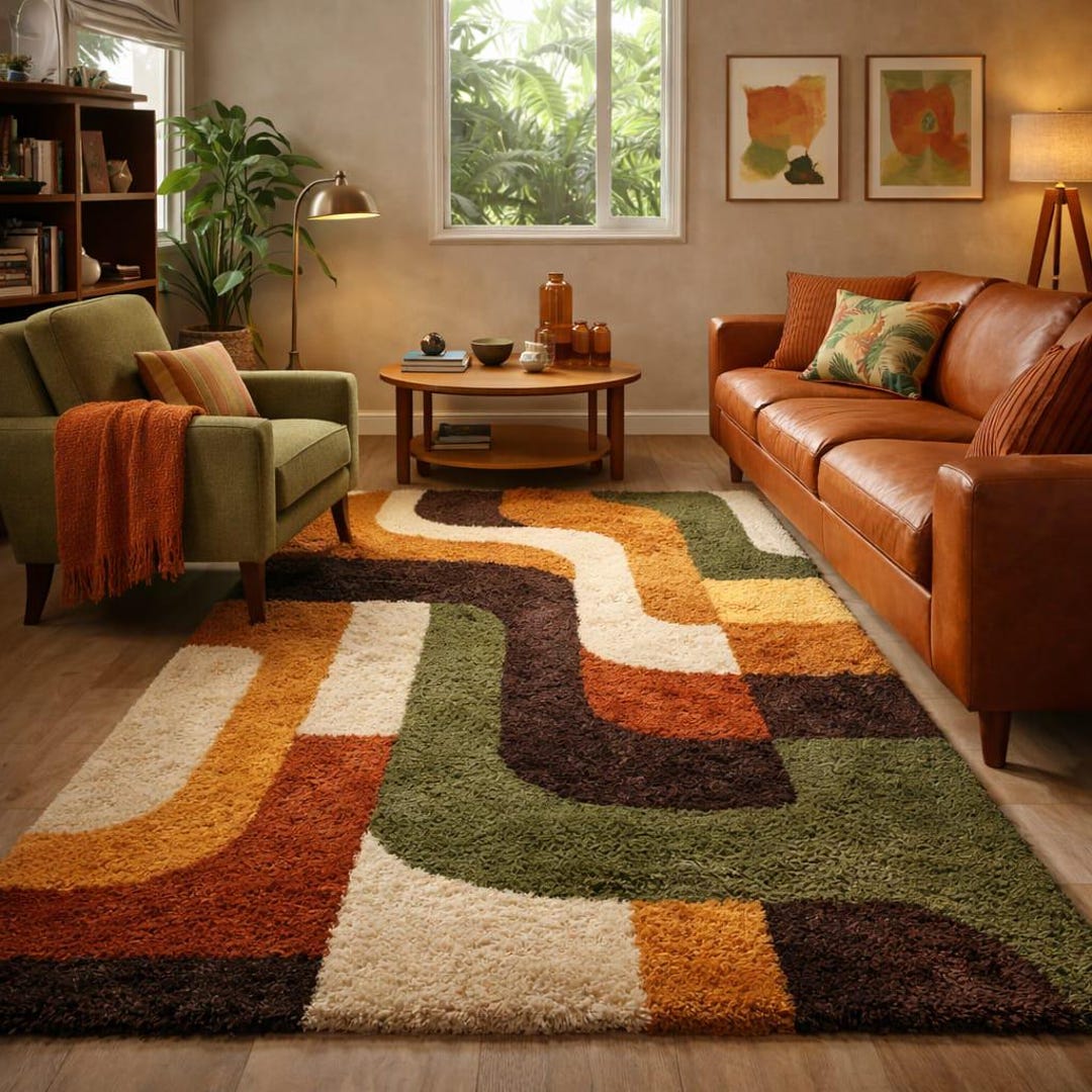 Retro Shag Area Rug, Geometric Earth Tone, Mid Century Modern Decor - Etsy