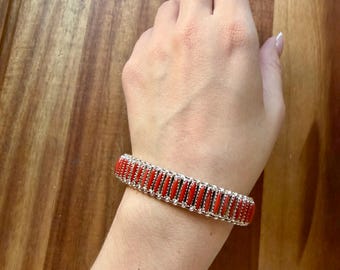 Navajo Native Sterling Silver Red Coral Cluster Cuff Bracelet Signed