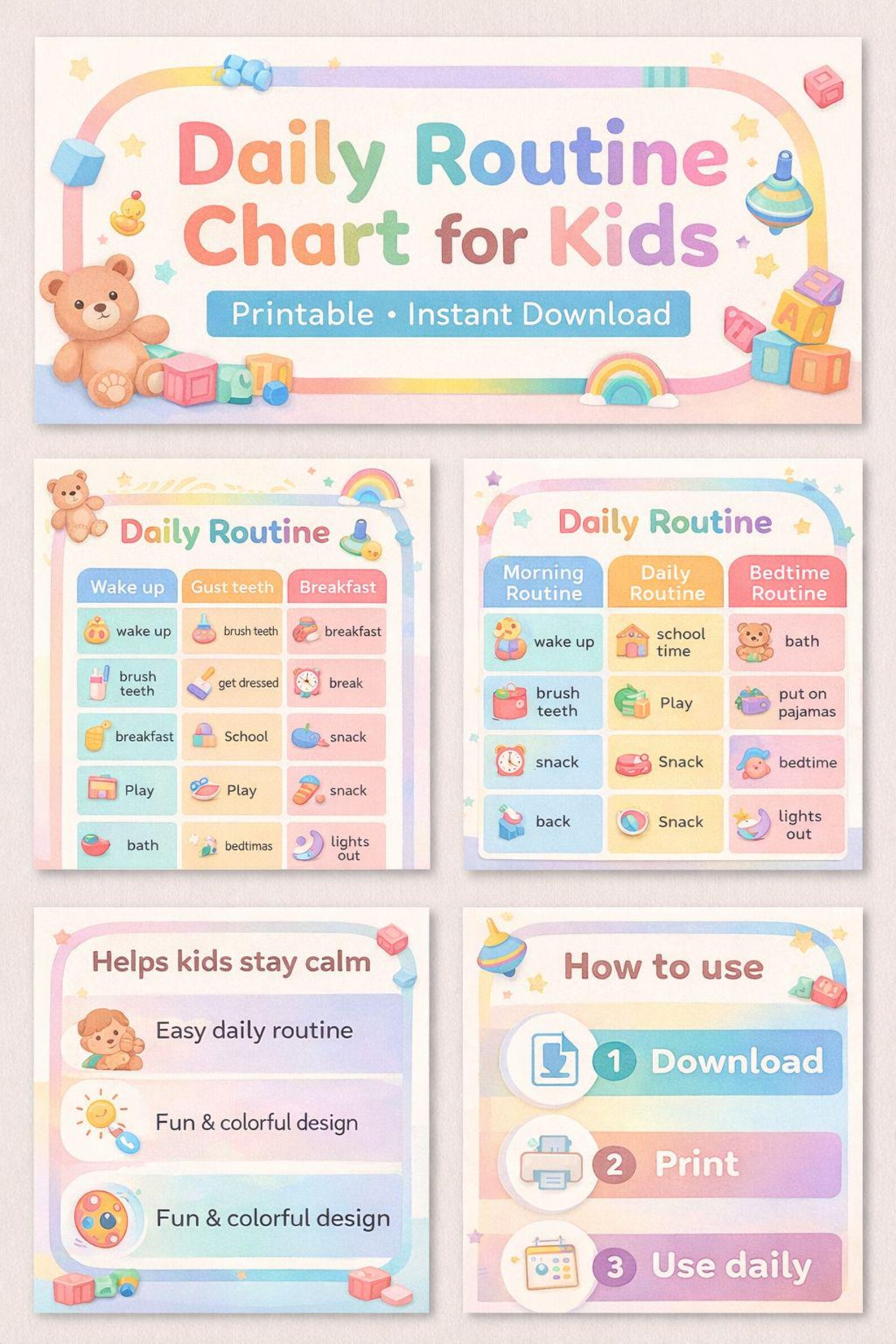 Kids Simple Routine Template Daily Routine Chart for Kids | Printable Visual Schedule | Calm ...