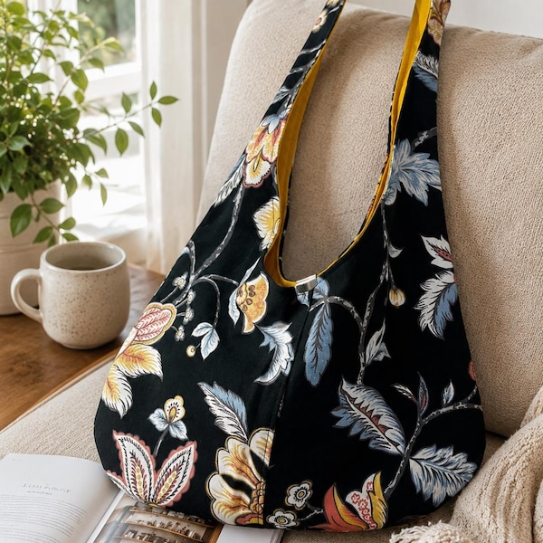 Black Floral Hobo Bag with Mustard Yellow Lining – Handmade Slouchy Shoulder Bag