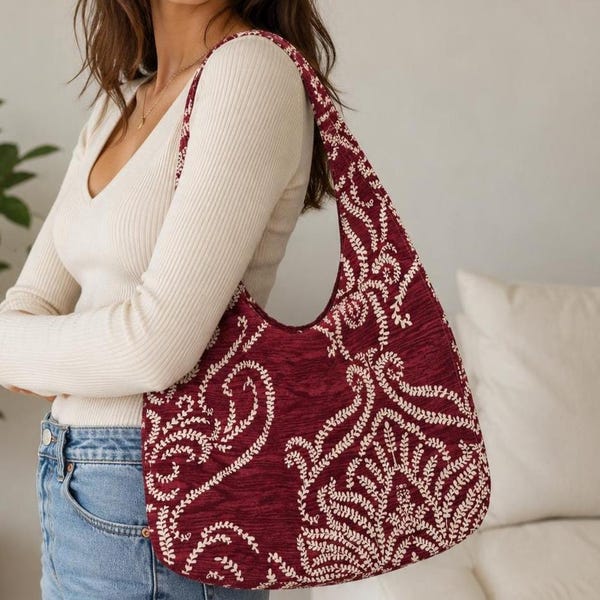 Burgundy Floral Handmade Hobo shoulder Bag, Boho Lightweight Slouch Bag
