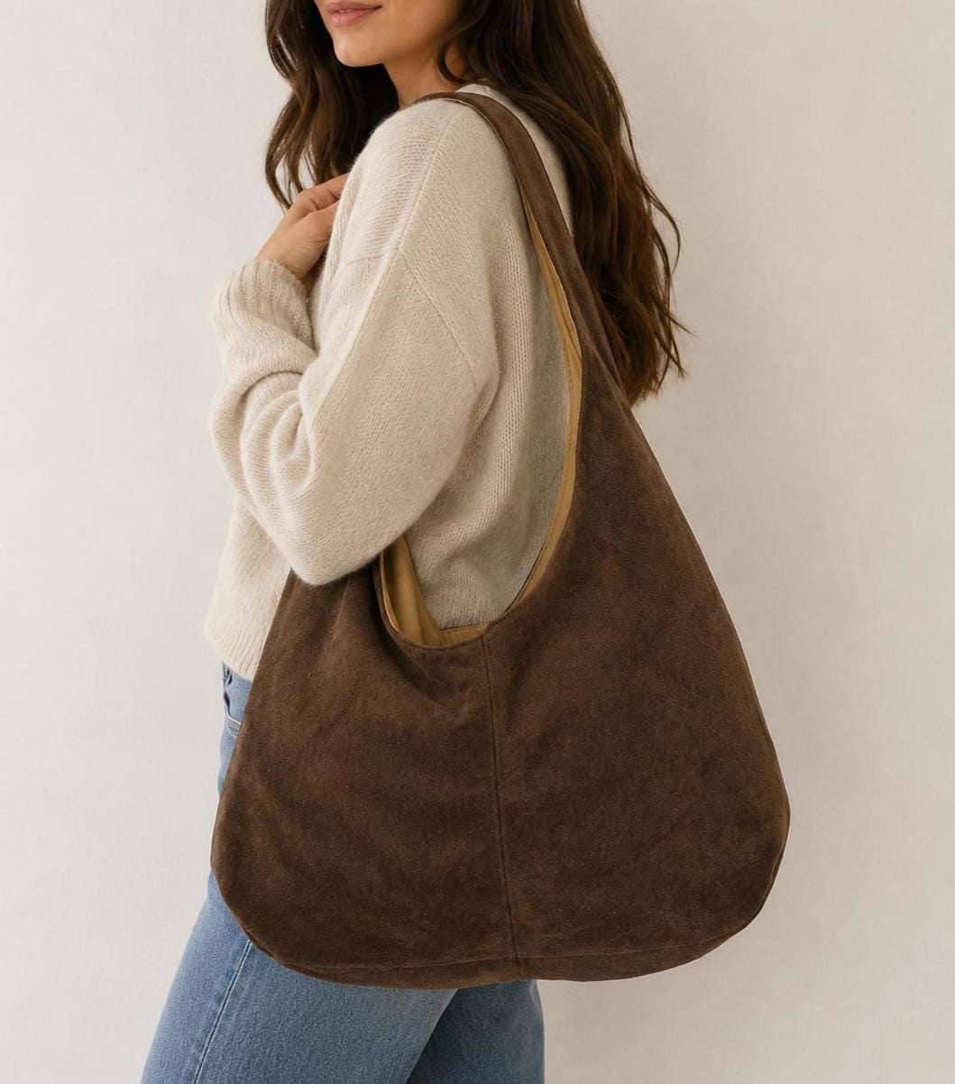 Handmade Chocolate Faux Suede Hobo Bag, Soft Vegan Suede Minimalist Handbag, Boho Carryall