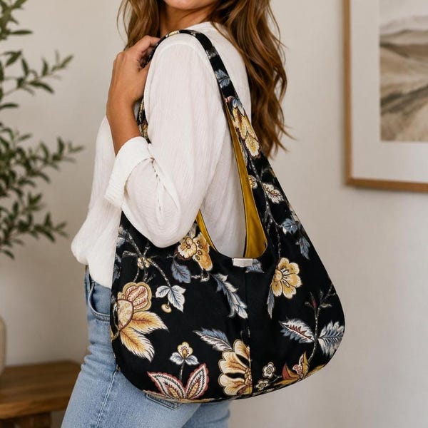 Black Floral Hobo Bag with Mustard Yellow Lining – Handmade Slouchy Shoulder Bag